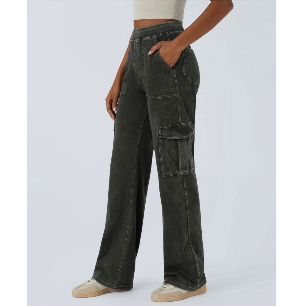 Halara Straight Leg Cargo Pants Washed Black Size Small Petite High Waist Grunge